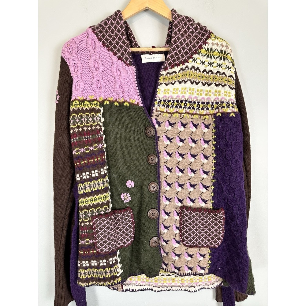 Susan Bristol Patchwork Wool Blend Knit Hooded Cardigan Sweater Med Cottagecore